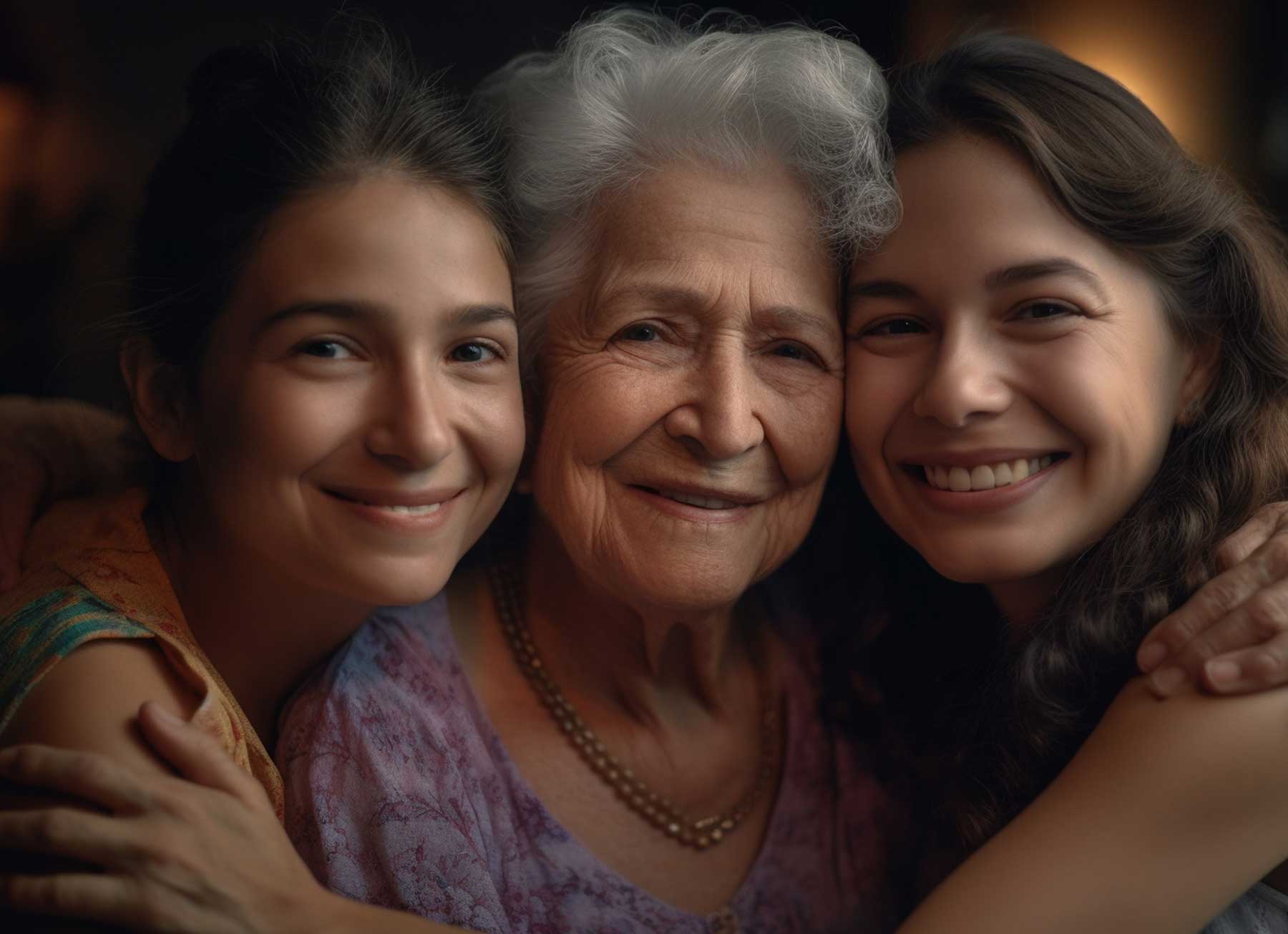 In the middle, a distinguished, silver-haired elderly woman wearing a heavy necklace and purple flowered blouse. To her left and right, her granddaugher and daughter, hug the elderly woman tightly, cheek to cheeck, beaming with love.
