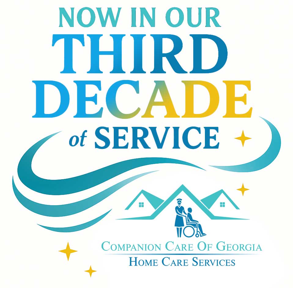 Graphic celebrating Companion Care of Georgia entering its third decade of service, featuring the message 'Now in Our Third Decade of Service' with teal and gold gradient text, swirling swooshes, stars, and the Companion Care of Georgia logo with caregiver and wheelchair icon beneath.